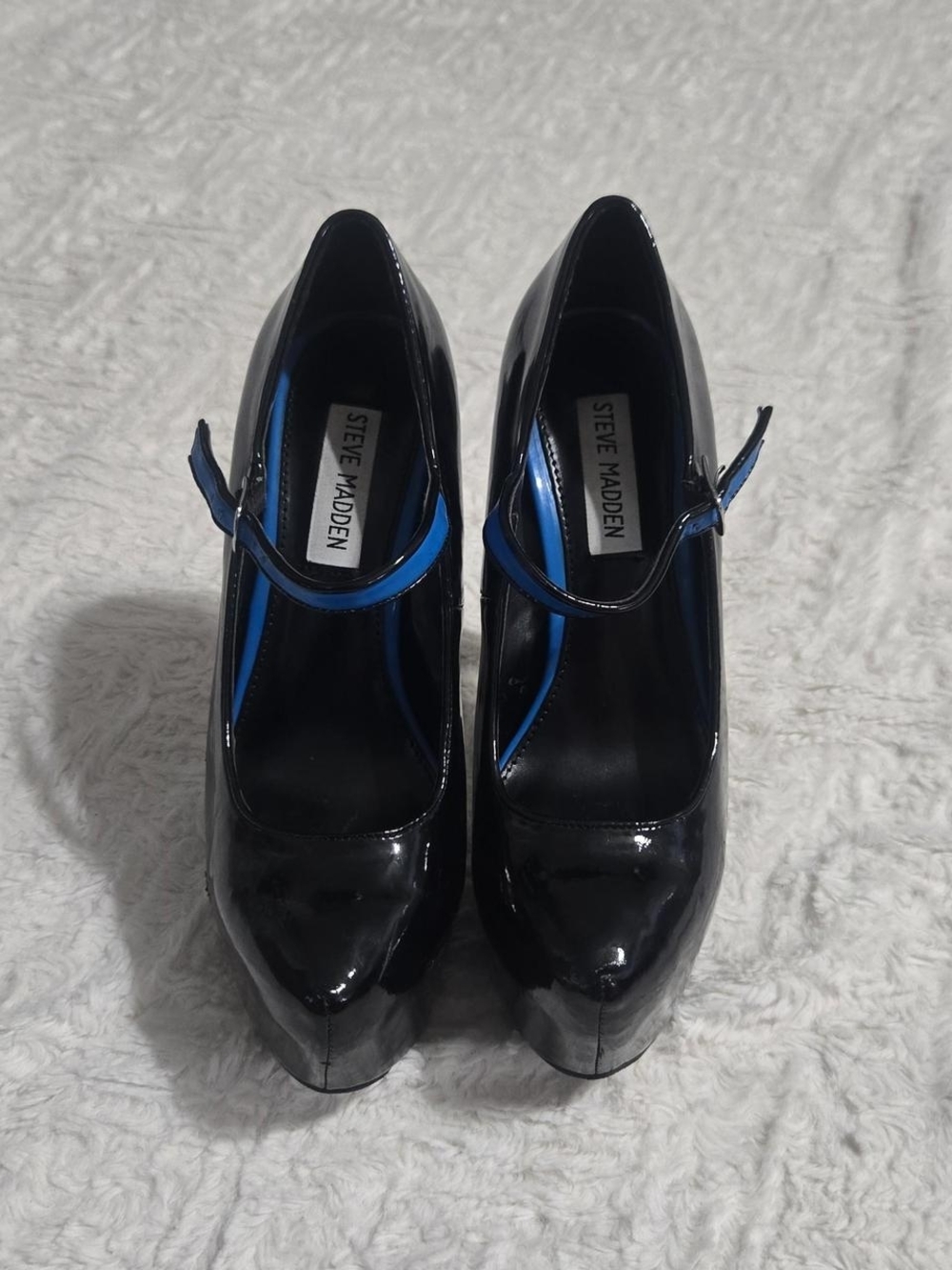 Steve Madden Black Patent Mary Jane Platforms with Blue Trim